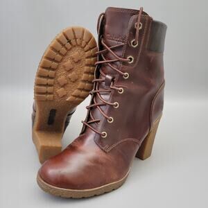 Timberland Glancy Brown Leather Heels Lace-up Ankle Booties Size 7